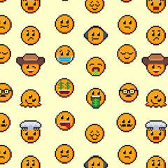 pixel smile background Seamless. Happy face icon . Smiling Emoticon texture.