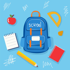 A vibrant blue backpack with the word school is surrounded by essential stationery items including an apple, notebooks, a pencil, and a protractor. This depiction emphasizes school readiness