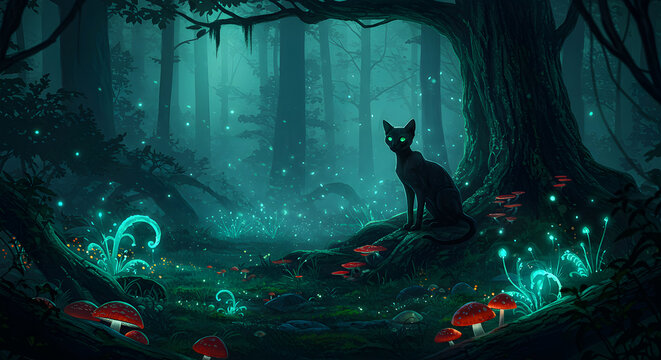 A black cat sits serenely in a dark, enchanted forest filled with glowing mushrooms and plants