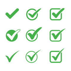 Various green check mark icons in circles and squares isolated on white background