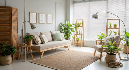 Fototapeta premium Bright Minimalist Living Room with Natural Textures and Indoor Plants
