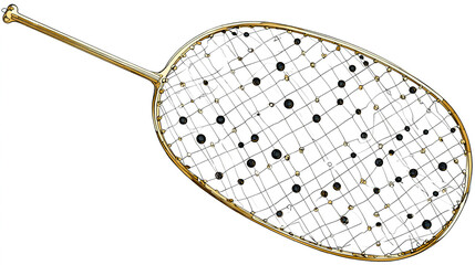 A simple badminton racket with a white background and gold lines
