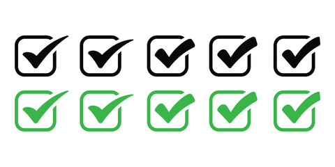 A set of checkmark icons in black and green isolated on white background