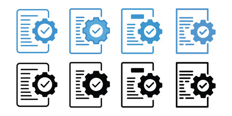 Blue and black document with gear and check mark isolated on white background
