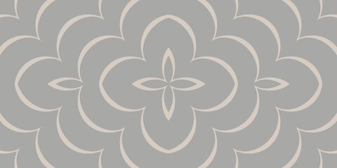 A symmetrical, geometric pattern features interconnected petal shapes and a central floral motif in muted tones. The repeating design creates a sense of balance and harmony.