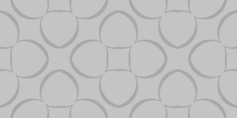 Naklejka premium A seamless geometric pattern features interconnected circles and arches, creating a symmetrical design on a neutral gray background. The repetitive shapes form a soothing and balanced visual effect.