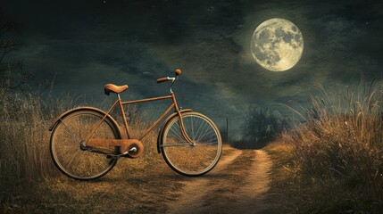 Obraz premium Rustic orange bicycle rests on a dirt path under a large full moon and starry night sky, surrounded by tall grass