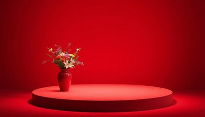 Red circular stage, two floral vases, side view, decoration, beauty