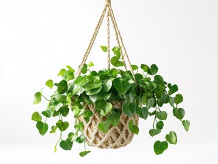 Hanging Plant with Green Leaves in a Natural Rope Basket