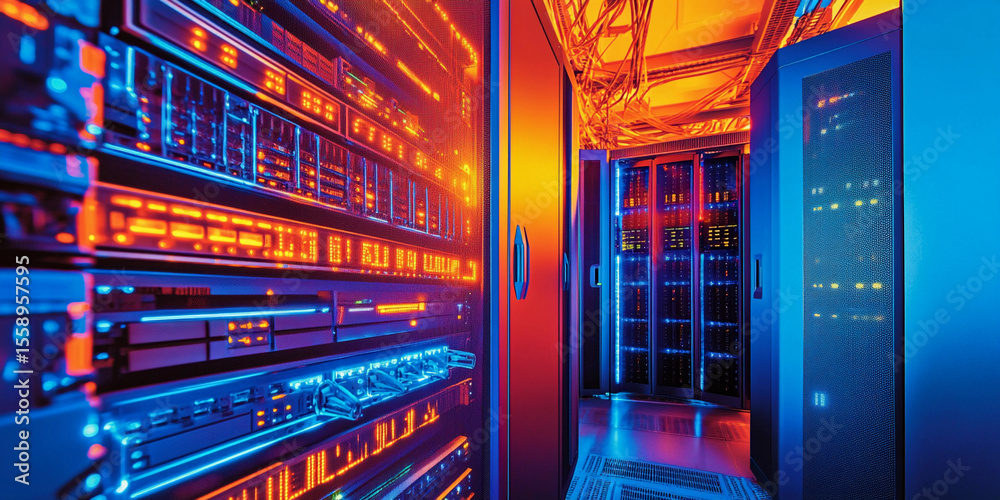 Aufkleber Contemporary data center with vibrant lighting and advanced technology Generative AI