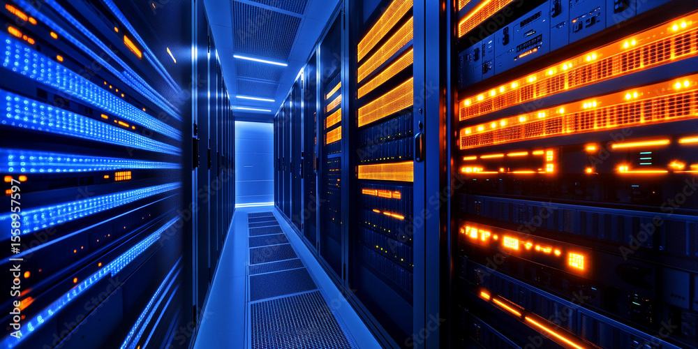 Aufkleber Brightly lit contemporary data center with advanced technology Generative AI
