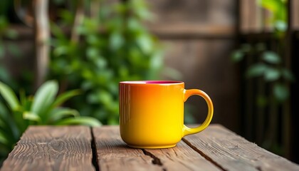Vibrant rainbow mug sits on rustic wooden table, greenery blurred background,   patterned,  colorful