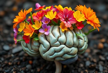 Vibrant spring flowers blooming from a human brain, symbolizing mental wellbeing,   imagination,   technology