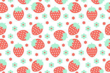 Seamless pattern with peach strawberries, mint leaves, and summer flowers on white background.