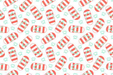 Seamless summer sandal pattern with peach stripes and mint heart lines on white background.
