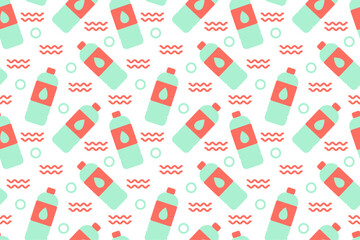 Seamless pattern of mint and peach water bottles with abstract waves and dots on white background.