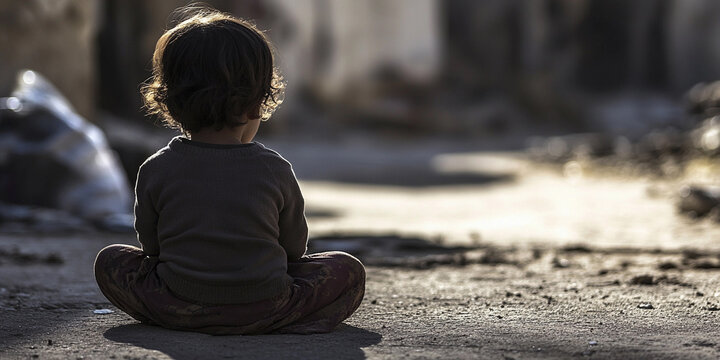 Child sitting quietly amidst war-torn surroundings Generative AI