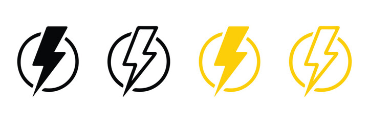 Lightning bolt icons in black and yellow isolated on white background