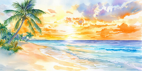 Stunning tropical sunset with palm trees and ocean waves Generative AI