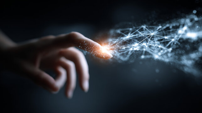 A womanâ€™s fingertip touches a beam of light, symbolizing digital connection and technological interconnectivity