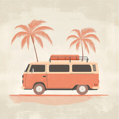 A minimalist vector illustration depicts an orange vintage van parked between two palm trees. The scene evokes a warm, retro beach vacation vibe.