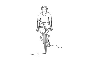 Man, athlete and cyclist with helmet. Physical activity concept. Single line draw design. Vector graphic illustration