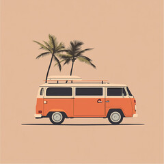 A minimalist vector illustration depicts an orange vintage van parked between two palm trees. The scene evokes a warm, retro beach vacation vibe.