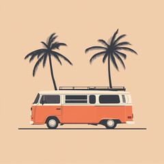 A minimalist vector illustration depicts an orange vintage van parked between two palm trees. The scene evokes a warm, retro beach vacation vibe.