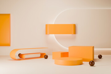 3D geometric abstract scene with orange shapes and minimal composition