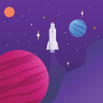 Rocket flies past planets and stars in outer space.