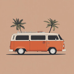 A minimalist vector illustration depicts an orange vintage van parked between two palm trees. The scene evokes a warm, retro beach vacation vibe.
