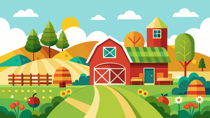 Idyllic countryside farm scene with red barn rolling hills trees and flowers under a sunny sky