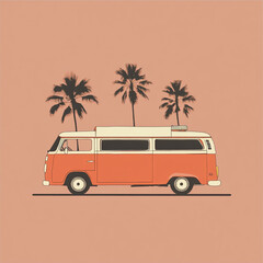 A minimalist vector illustration depicts an orange vintage van parked between two palm trees. The scene evokes a warm, retro beach vacation vibe.