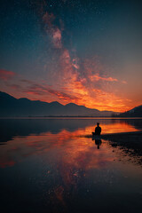 Silhouette meditating by lake under starry sky at orange sunset glow