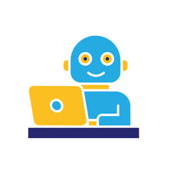 ai icon. AI Personal Assistant. Virtual coworker. Humanoid bot on desk with laptop. UI, education. flat design style