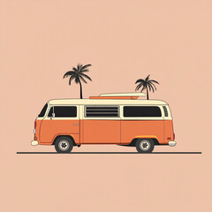 A minimalist vector illustration depicts an orange vintage van parked between two palm trees. The scene evokes a warm, retro beach vacation vibe.