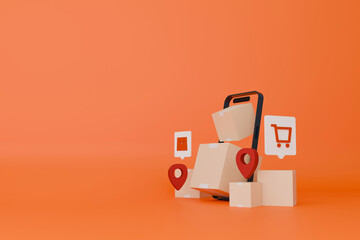 Express delivery concept with phone, parcels, and location pins for fast logistics and shipping