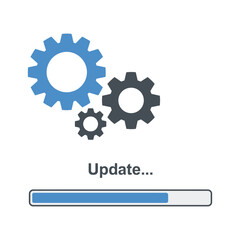 A progress bar with gears indicates a system update in progress