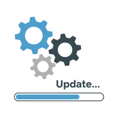 A progress bar with gears indicates a system update in progress