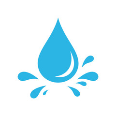 A blue water drop icon with splashes isolated on white background