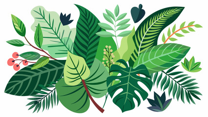 Vibrant arrangement of diverse tropical leaves and foliage in various shades of green with red berries