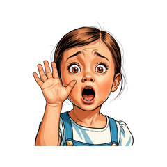 Shocked Little Girl with Open Mouth and Raised Hand