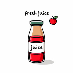 A cartoon illustration of a juice bottle with an apple and text above