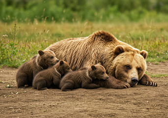 Obraz premium Grizzly bear sow resting in a grassy field with her three cubs nestled beside her, mimicking her posture