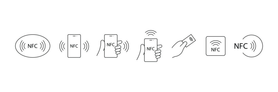 NFC communication icon set with smartphone tap gesture and signal symbol in modern minimal line style vector illustration.