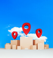 Global logistics and delivery tracking with cardboard boxes and location pins