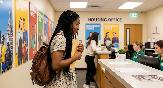 Student approaching service desk at campus welcome center.
