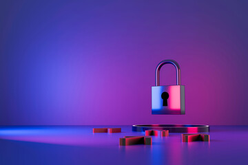 Colorful padlock floating above keyhole with broken key pieces on neon gradient background,...