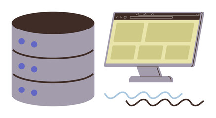 Stack of servers and a computer screen displaying a grid layout connected via wavy lines. Ideal for technology, database management, data storage, internet, networking, web development, and online