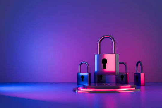 Colorful padlock floating above keyhole with broken key pieces on neon gradient background, symbolizing digital security or data breach